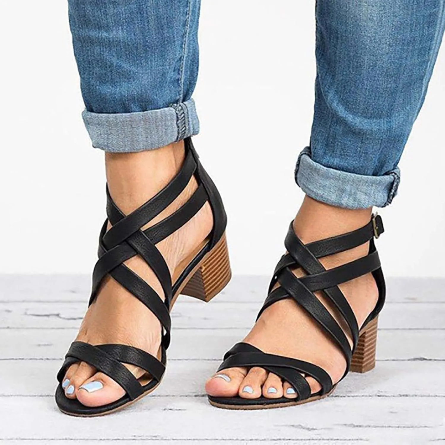 Chunky Heels Sandals for Women Summer Fashion Strappy Back Zipper Block High Heel Shoes Dressy Casual Ankle Straps Buckle Ladies Stacked Heel Shoes