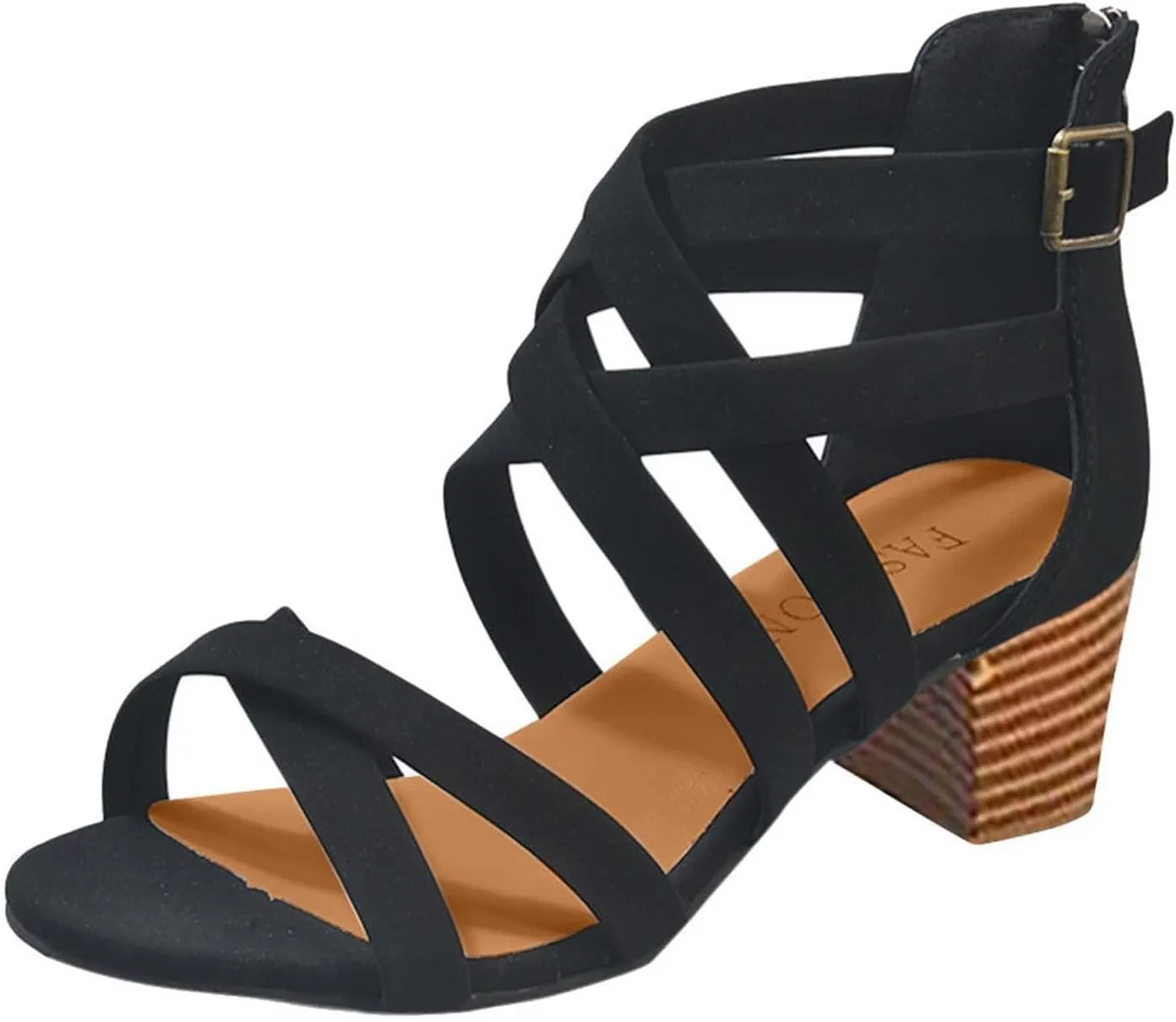 Chunky Heels Sandals for Women Summer Fashion Strappy Back Zipper Block High Heel Shoes Dressy Casual Ankle Straps Buckle Ladies Stacked Heel Shoes