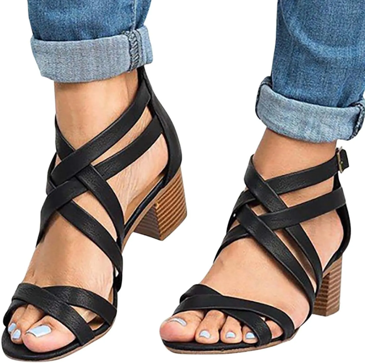 Chunky Heels Sandals for Women Summer Fashion Strappy Back Zipper Block High Heel Shoes Dressy Casual Ankle Straps Buckle Ladies Stacked Heel Shoes