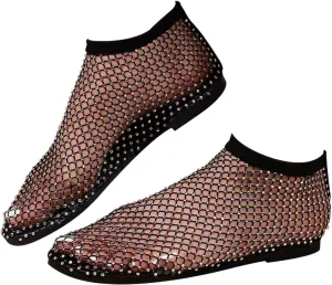 Classic styleSandals ,Glittery Stretchy Net Shoes,Stage performance shoes,Ultra Comfortable Shiny Gem Mesh Flats, Rhinestone Short Boots Sexy Flat Cutout Sparkly Casual Wedding Dress Flats