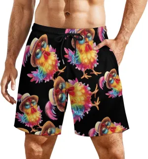 Colorful Chicken Wearing Hat Men's Swim Trunks Quick Dry Board Shorts Swimwear Beach Shorts with Compression Liner