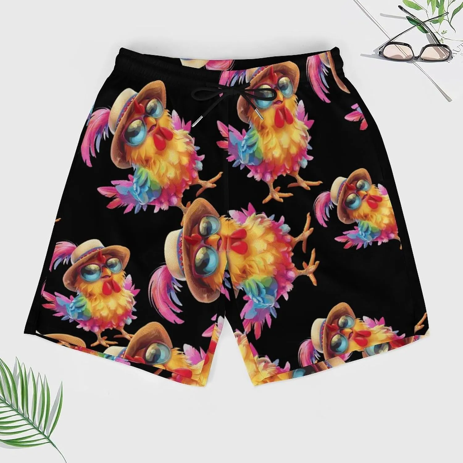 Colorful Chicken Wearing Hat Men's Swim Trunks Quick Dry Board Shorts Swimwear Beach Shorts with Compression Liner