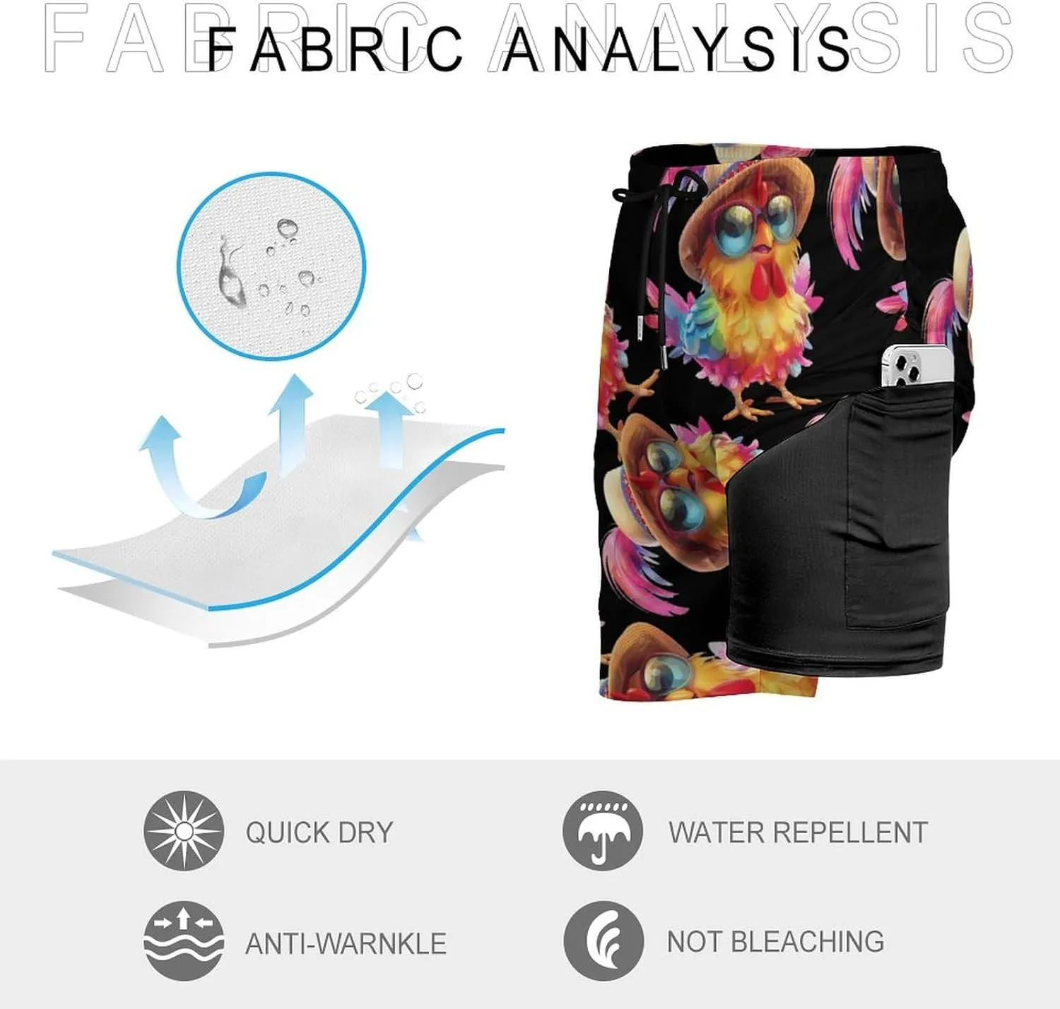 Colorful Chicken Wearing Hat Men's Swim Trunks Quick Dry Board Shorts Swimwear Beach Shorts with Compression Liner