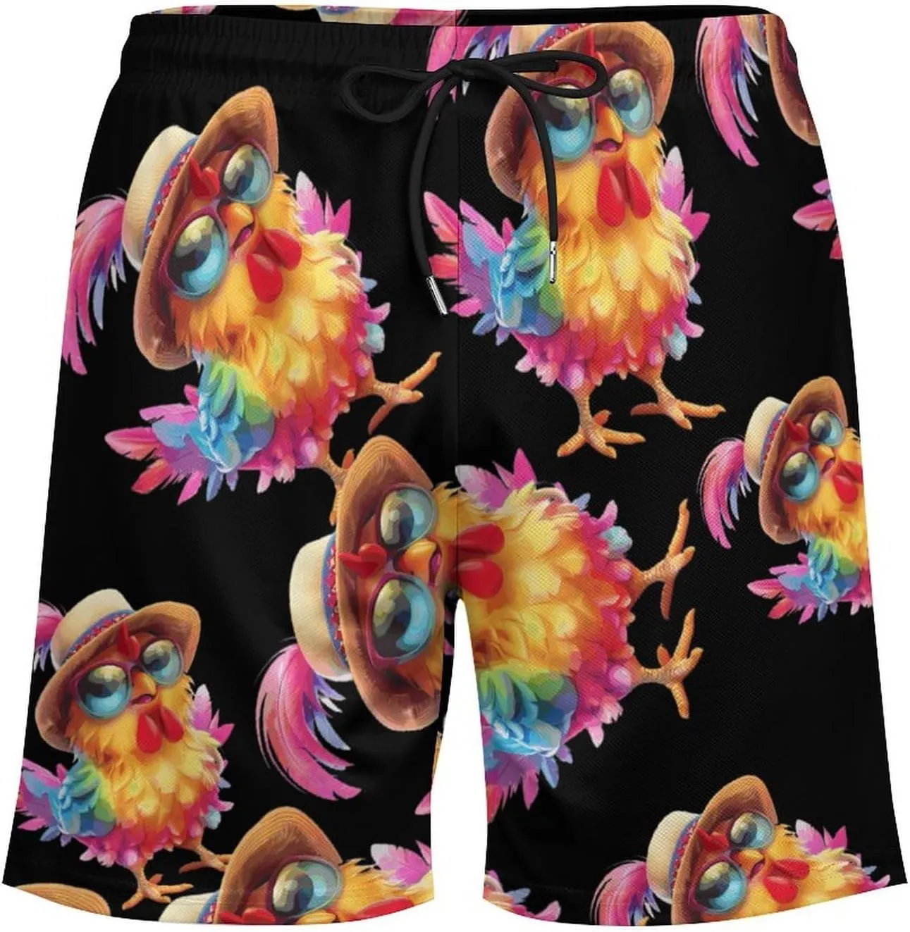 Colorful Chicken Wearing Hat Men's Swim Trunks Quick Dry Board Shorts Swimwear Beach Shorts with Compression Liner