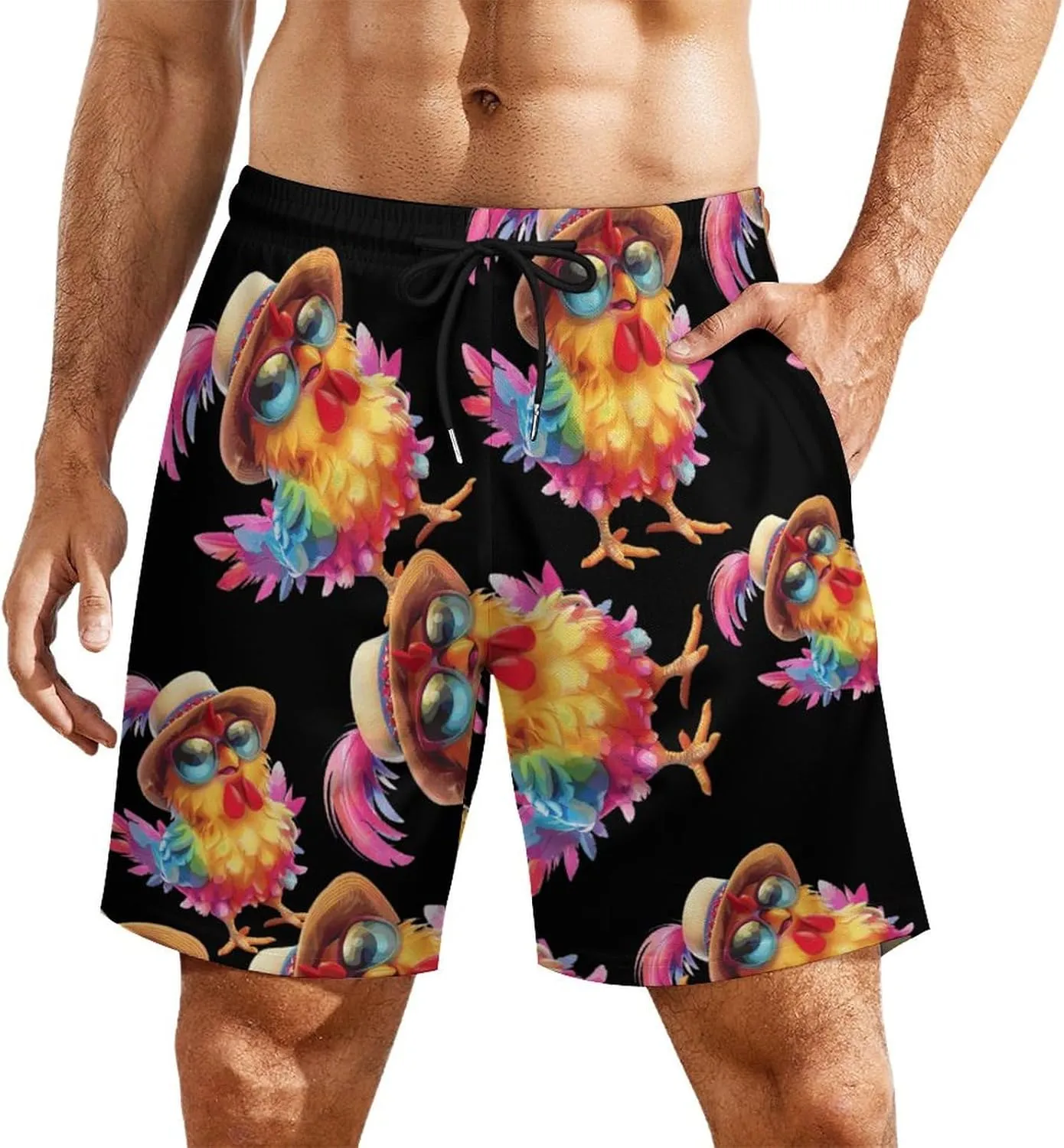 Colorful Chicken Wearing Hat Men's Swim Trunks Quick Dry Board Shorts Swimwear Beach Shorts with Compression Liner