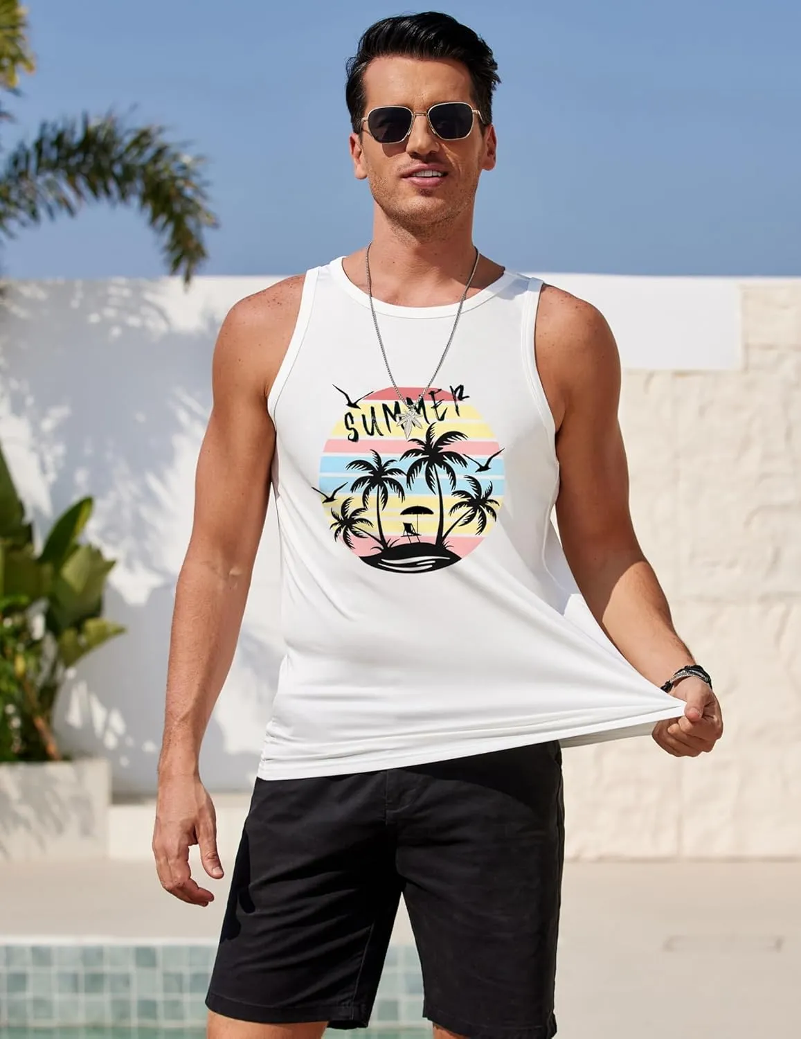 COOFANDY Mens Tank Tops Beach Summer Sleeveless Graphic T Shirts Palm Tree Vacation Quick Dry Muscle Gym Tank