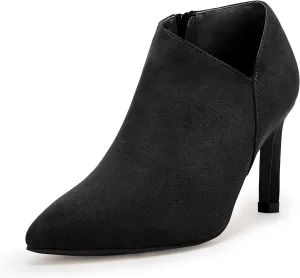 Coutgo Womens Pointed Toe V Cut Ankle Boots Kitten Heel Side Zip Office Booties