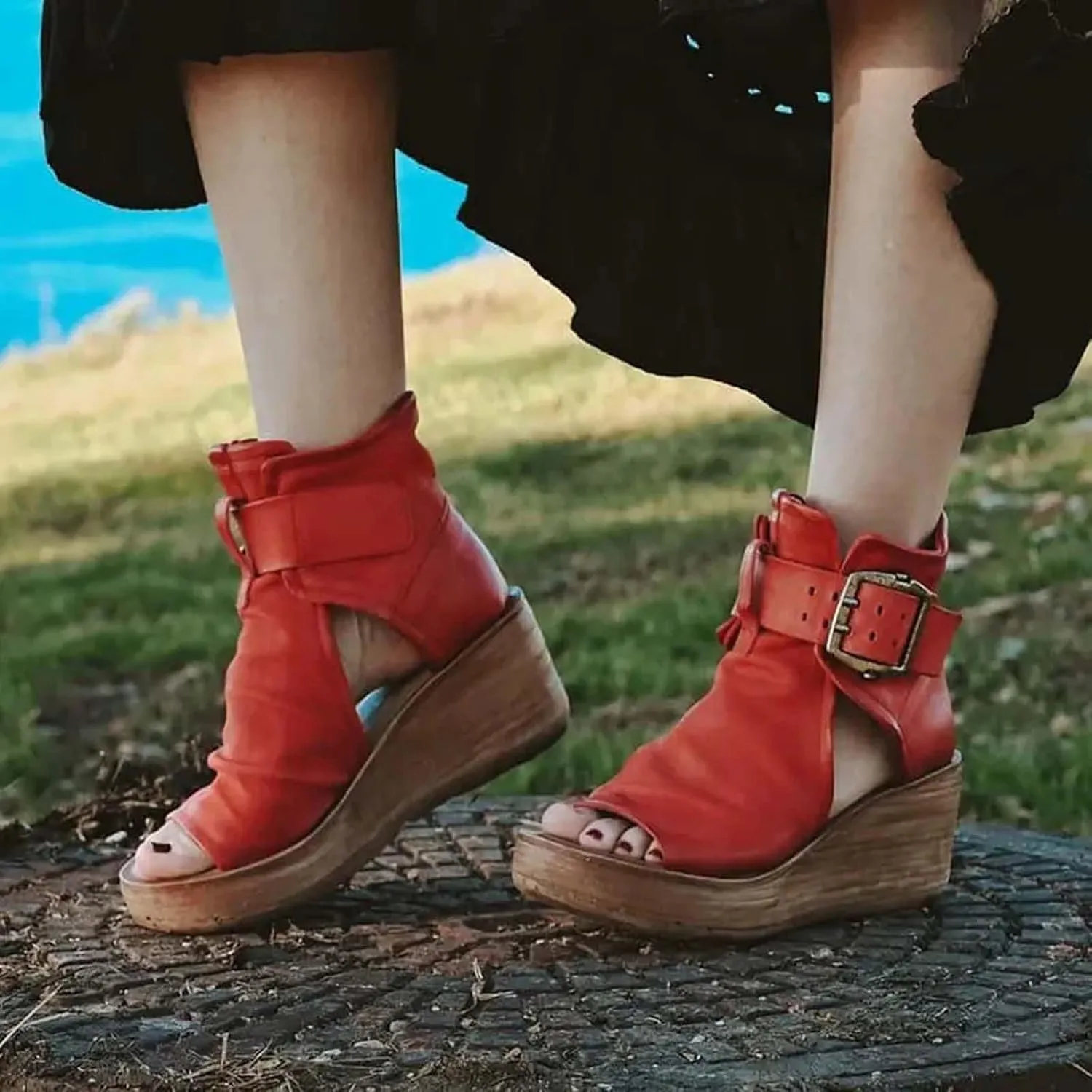 ctdiral Women's Fashion Roman Sandals Chunky Thick Bottom Open Toe Wedge Shoes, Adjustable Buckle High Top Combat Sandal for Girl