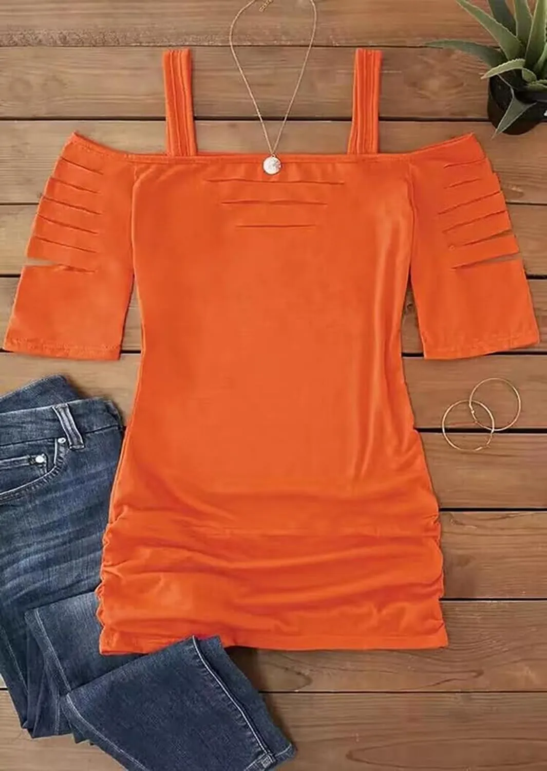 Cut Out Cold Shoulder Square Collar Shirt Women Lacerated 3/4 Sleeve Blouse Cut Out Sexy Hollow Out Casual Tee Tops