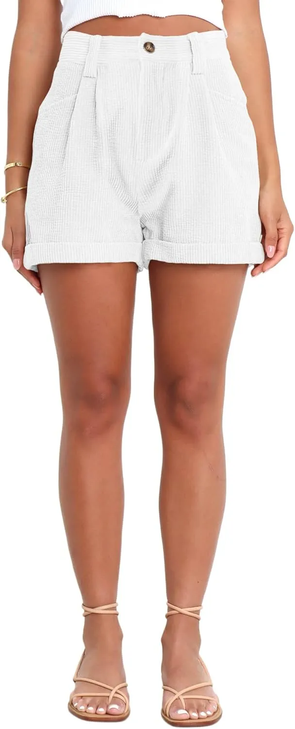 Danedvi Womens Summer Shorts Mid-Waist Cuffed Hem Corduroy Shorts with Pockets