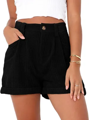 Danedvi Womens Summer Shorts Mid-Waist Cuffed Hem Corduroy Shorts with Pockets