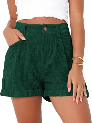 Danedvi Womens Summer Shorts Mid-Waist Cuffed Hem Corduroy Shorts with Pockets