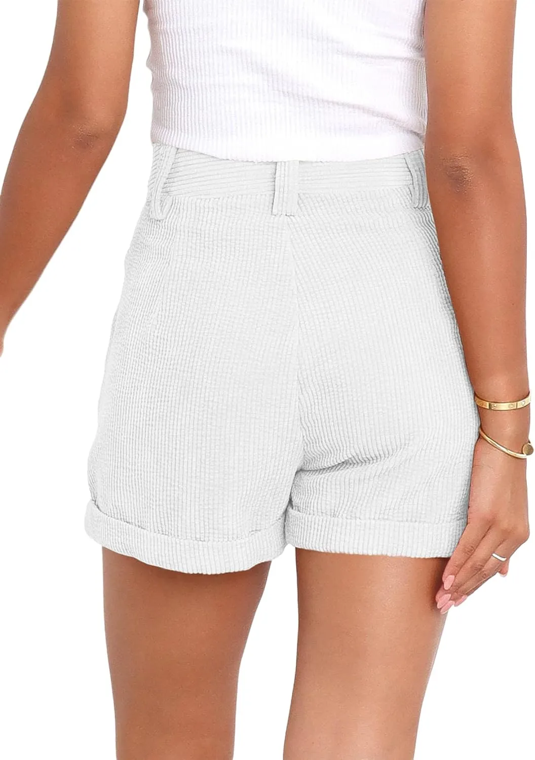 Danedvi Womens Summer Shorts Mid-Waist Cuffed Hem Corduroy Shorts with Pockets