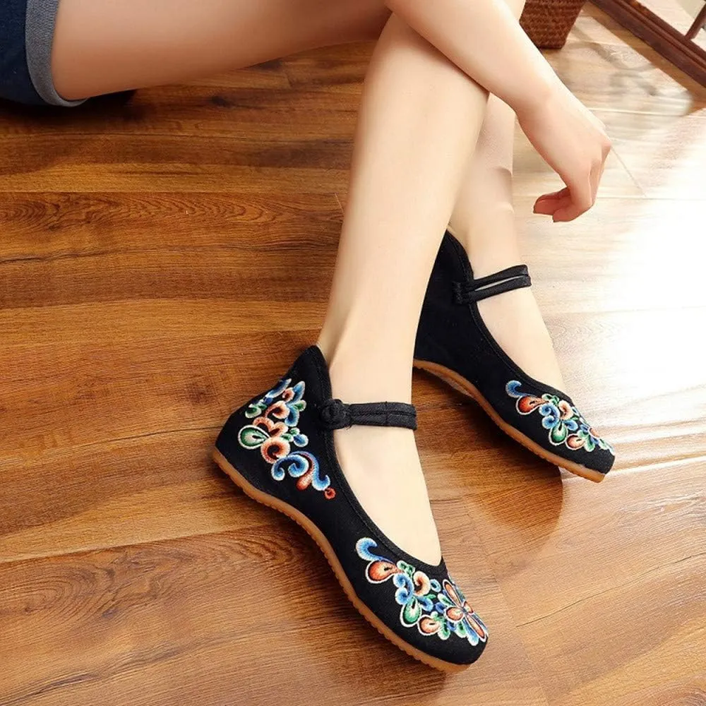 Dayiss Women's Chinese Handmade Embroidered Oxfords Flats Flower Dancing Ballet Canvas Loafers Mary Jane Cheongsam Shoes