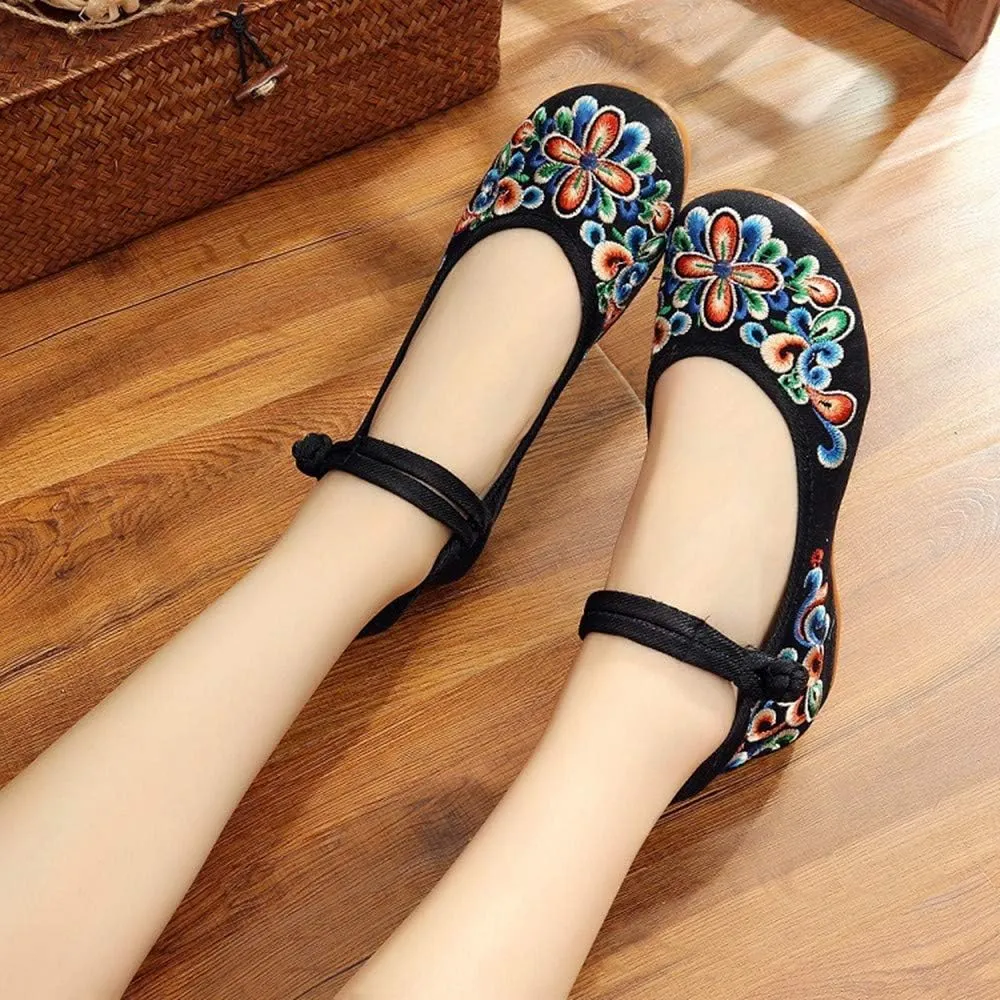 Dayiss Women's Chinese Handmade Embroidered Oxfords Flats Flower Dancing Ballet Canvas Loafers Mary Jane Cheongsam Shoes