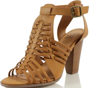Delcious Women's Aliya Strappy Gladiator Open Toe Stacked Heel Sandal,Lt Tan,10