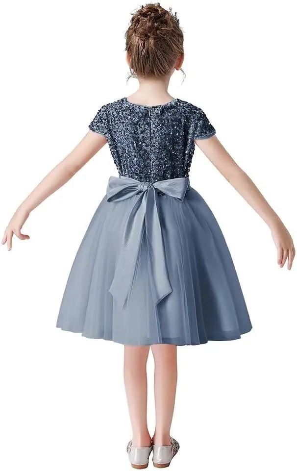 dideyttawl Short Flower Girls Dress Short Sleeves Velvet Sequin Top Tulle Skirt Round Neck Junior Bridesmaid Dresses