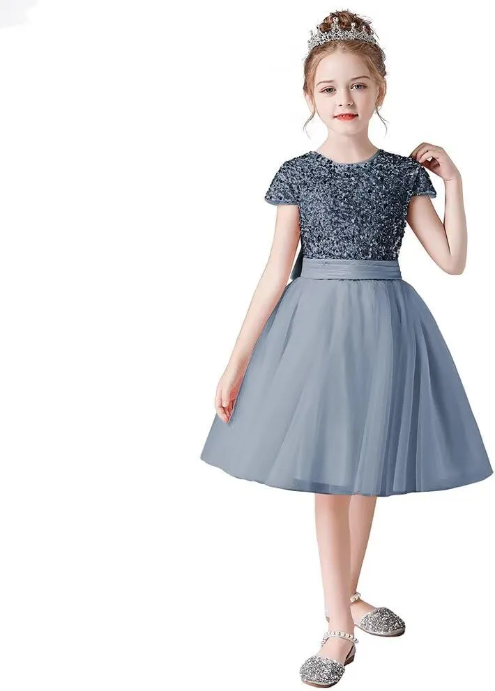 dideyttawl Short Flower Girls Dress Short Sleeves Velvet Sequin Top Tulle Skirt Round Neck Junior Bridesmaid Dresses
