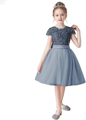 dideyttawl Short Flower Girls Dress Short Sleeves Velvet Sequin Top Tulle Skirt Round Neck Junior Bridesmaid Dresses
