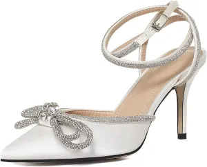 Divanne Women's Double Bow Crystal Wedding Shoes Satin Pointy Pumps Ankle Straps High Heeled Sandals Glitter Party Prom Shoes