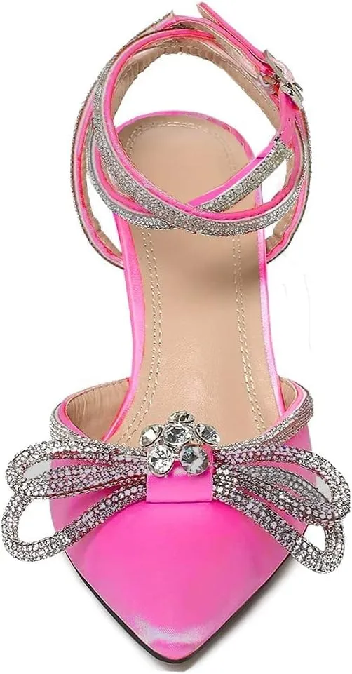 Divanne Women's Double Bow Crystal Wedding Shoes Satin Pointy Pumps Ankle Straps High Heeled Sandals Glitter Party Prom Shoes