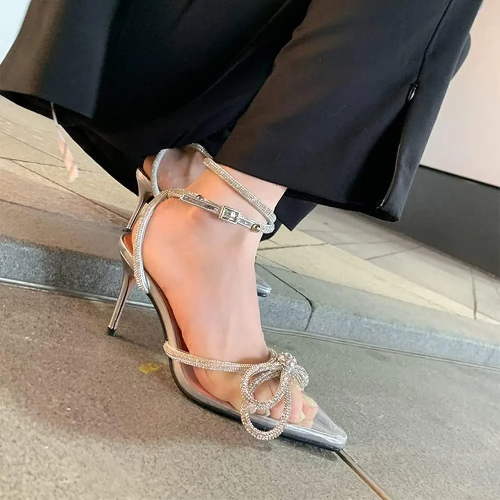Divanne Women's Double Bow Crystal Wedding Shoes Satin Pointy Pumps Ankle Straps High Heeled Sandals Glitter Party Prom Shoes