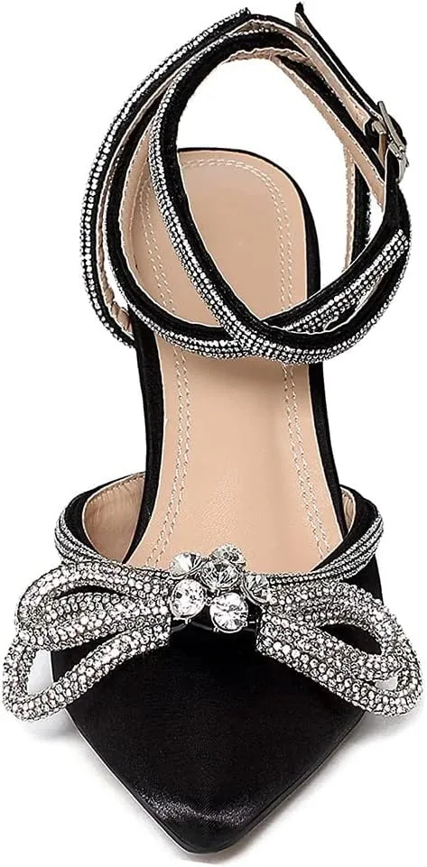 Divanne Women's Double Bow Crystal Wedding Shoes Satin Pointy Pumps Ankle Straps High Heeled Sandals Glitter Party Prom Shoes