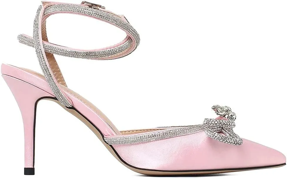 Divanne Women's Double Bow Crystal Wedding Shoes Satin Pointy Pumps Ankle Straps High Heeled Sandals Glitter Party Prom Shoes