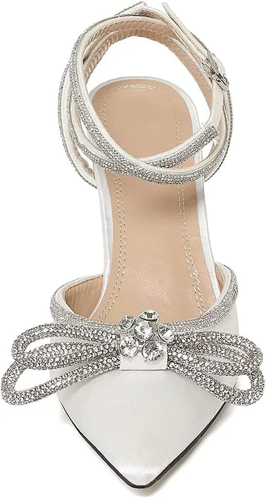 Divanne Women's Double Bow Crystal Wedding Shoes Satin Pointy Pumps Ankle Straps High Heeled Sandals Glitter Party Prom Shoes