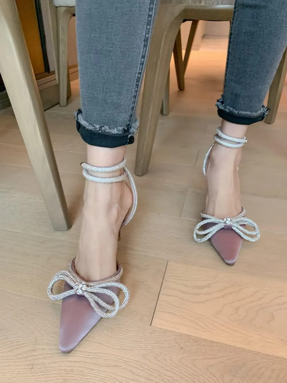 Divanne Women's Double Bow Crystal Wedding Shoes Satin Pointy Pumps Ankle Straps High Heeled Sandals Glitter Party Prom Shoes