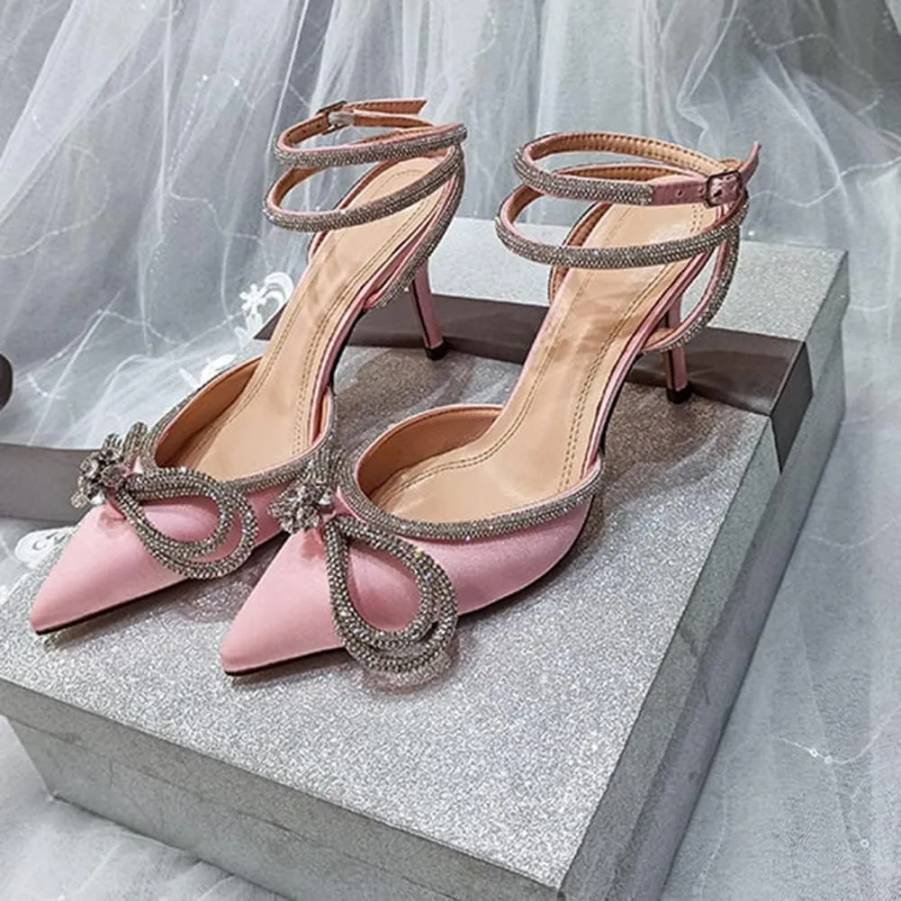 Divanne Women's Double Bow Crystal Wedding Shoes Satin Pointy Pumps Ankle Straps High Heeled Sandals Glitter Party Prom Shoes