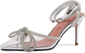 Divanne Women's Double Bow Crystal Wedding Shoes Satin Pointy Pumps Ankle Straps High Heeled Sandals Glitter Party Prom Shoes