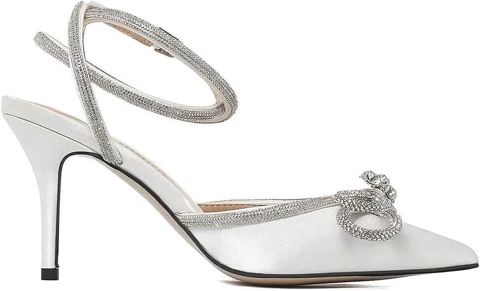 Divanne Women's Double Bow Crystal Wedding Shoes Satin Pointy Pumps Ankle Straps High Heeled Sandals Glitter Party Prom Shoes