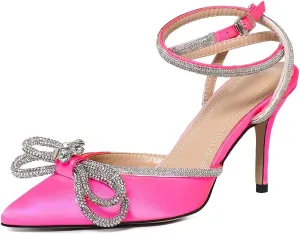 Divanne Women's Double Bow Crystal Wedding Shoes Satin Pointy Pumps Ankle Straps High Heeled Sandals Glitter Party Prom Shoes