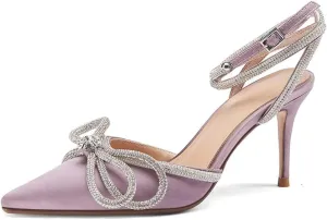 Divanne Women's Double Bow Crystal Wedding Shoes Satin Pointy Pumps Ankle Straps High Heeled Sandals Glitter Party Prom Shoes