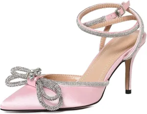 Divanne Women's Double Bow Crystal Wedding Shoes Satin Pointy Pumps Ankle Straps High Heeled Sandals Glitter Party Prom Shoes