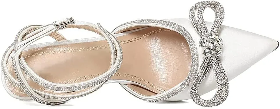 Divanne Women's Double Bow Crystal Wedding Shoes Satin Pointy Pumps Ankle Straps High Heeled Sandals Glitter Party Prom Shoes