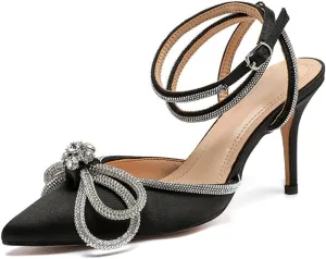 Divanne Women's Double Bow Crystal Wedding Shoes Satin Pointy Pumps Ankle Straps High Heeled Sandals Glitter Party Prom Shoes