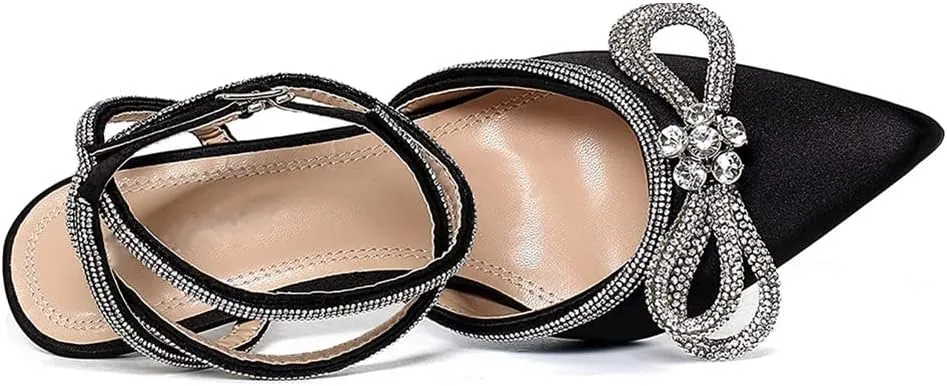 Divanne Women's Double Bow Crystal Wedding Shoes Satin Pointy Pumps Ankle Straps High Heeled Sandals Glitter Party Prom Shoes