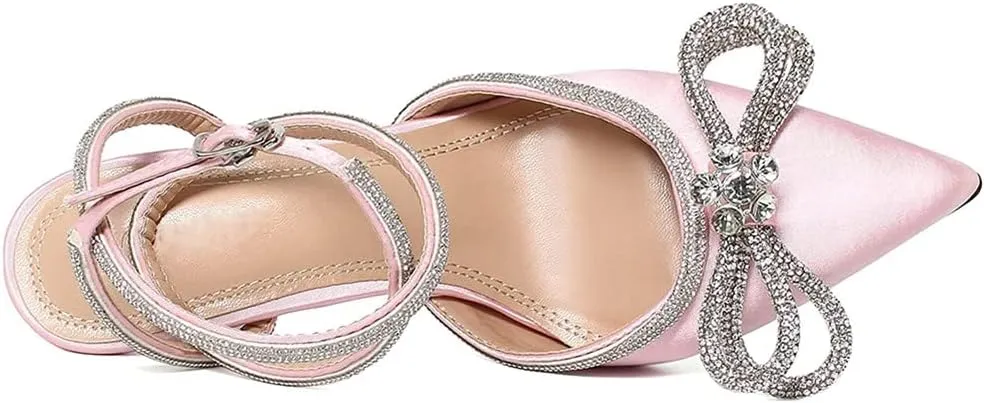 Divanne Women's Double Bow Crystal Wedding Shoes Satin Pointy Pumps Ankle Straps High Heeled Sandals Glitter Party Prom Shoes