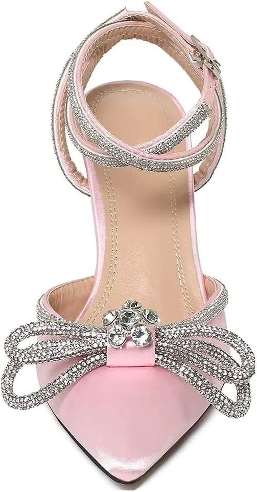 Divanne Women's Double Bow Crystal Wedding Shoes Satin Pointy Pumps Ankle Straps High Heeled Sandals Glitter Party Prom Shoes