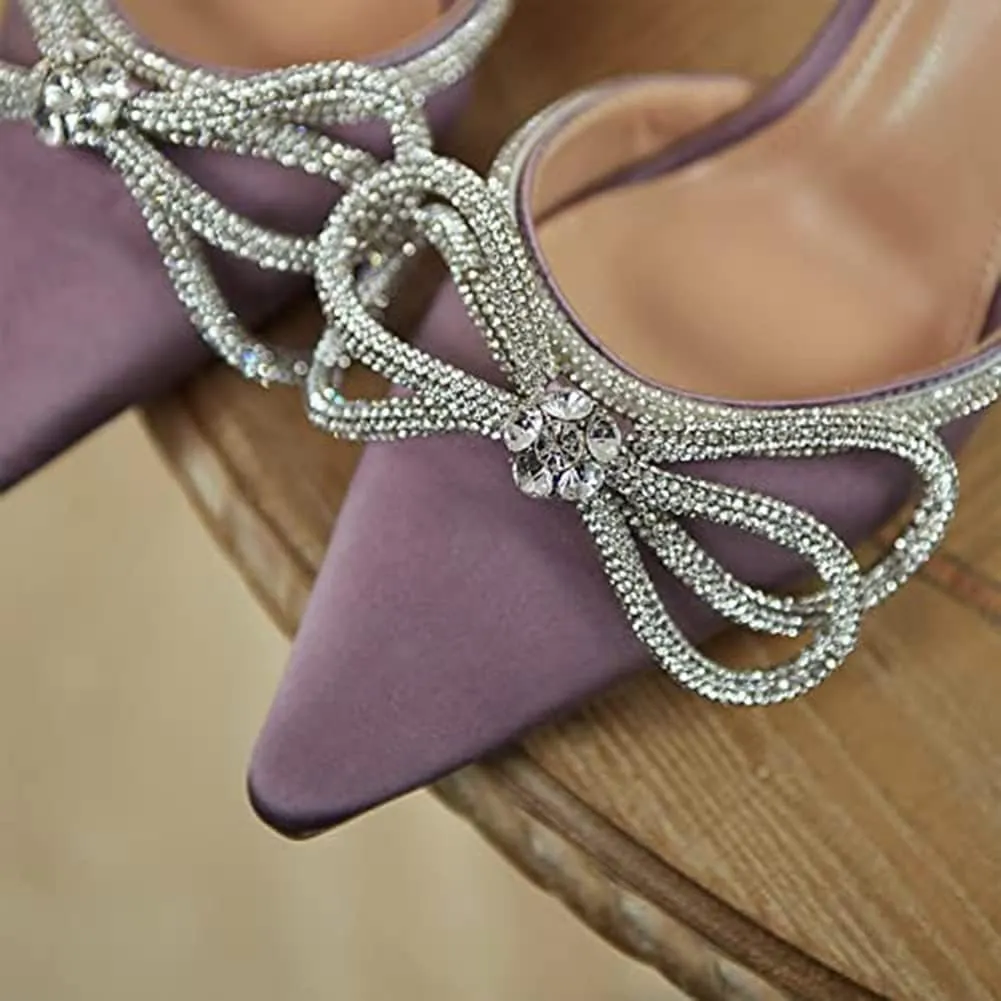Divanne Women's Double Bow Crystal Wedding Shoes Satin Pointy Pumps Ankle Straps High Heeled Sandals Glitter Party Prom Shoes
