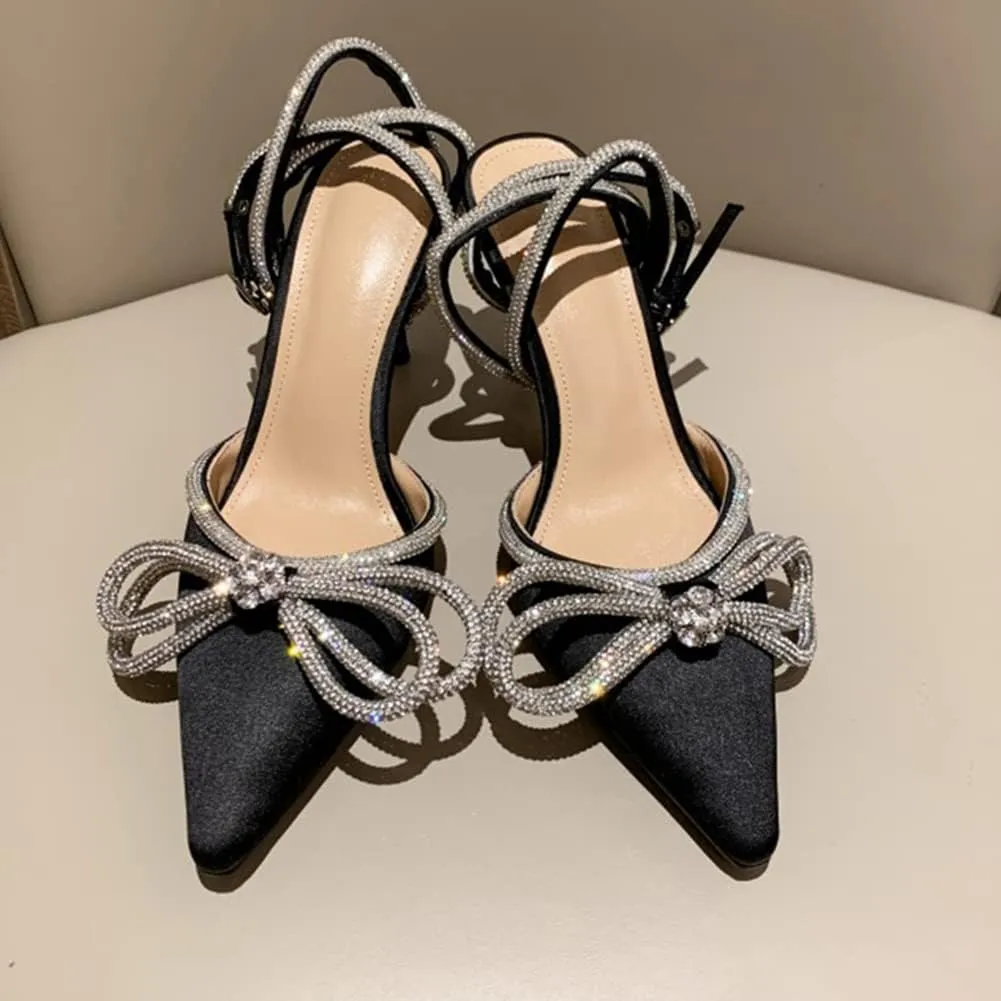 Divanne Women's Double Bow Crystal Wedding Shoes Satin Pointy Pumps Ankle Straps High Heeled Sandals Glitter Party Prom Shoes