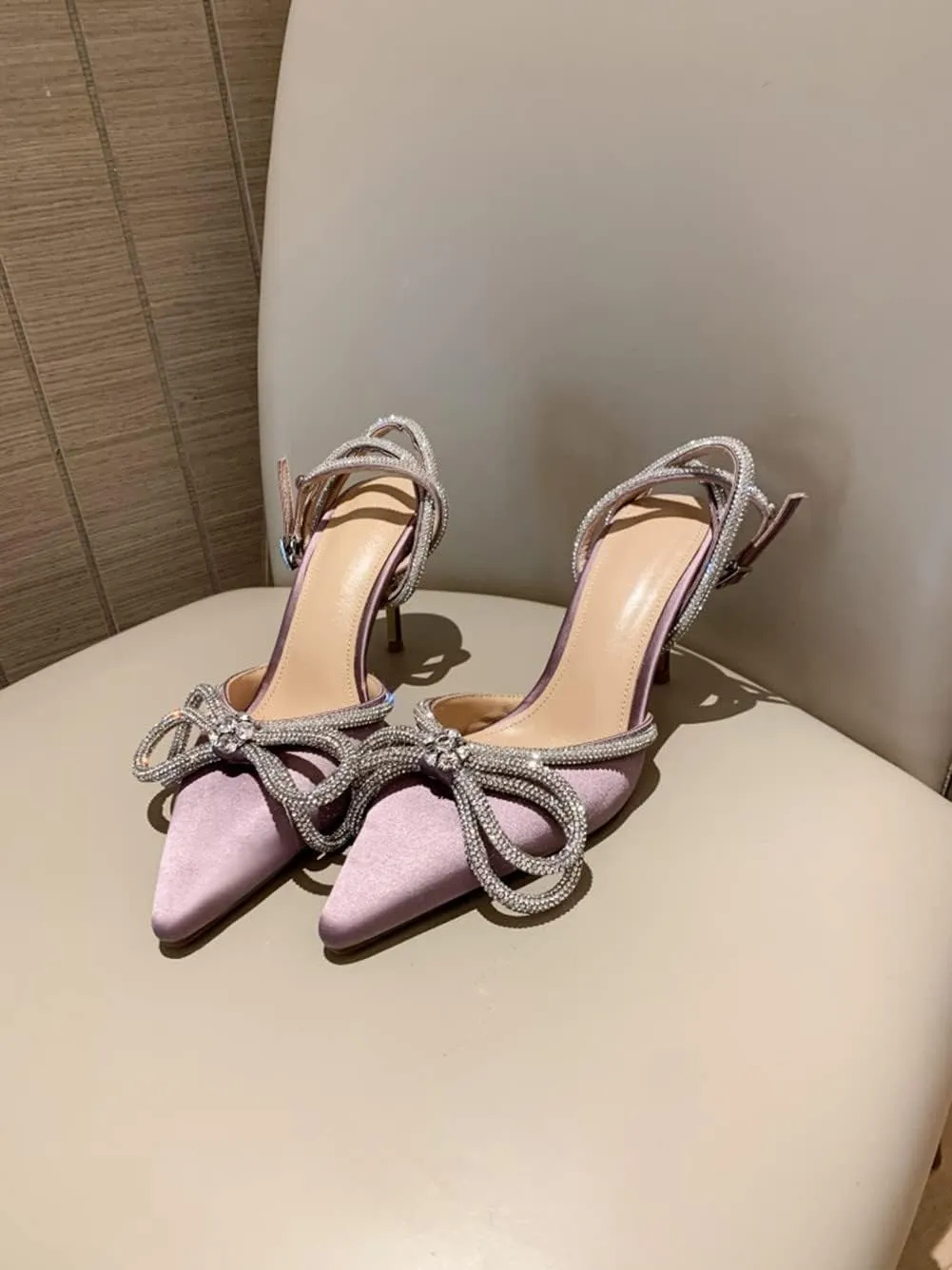 Divanne Women's Double Bow Crystal Wedding Shoes Satin Pointy Pumps Ankle Straps High Heeled Sandals Glitter Party Prom Shoes