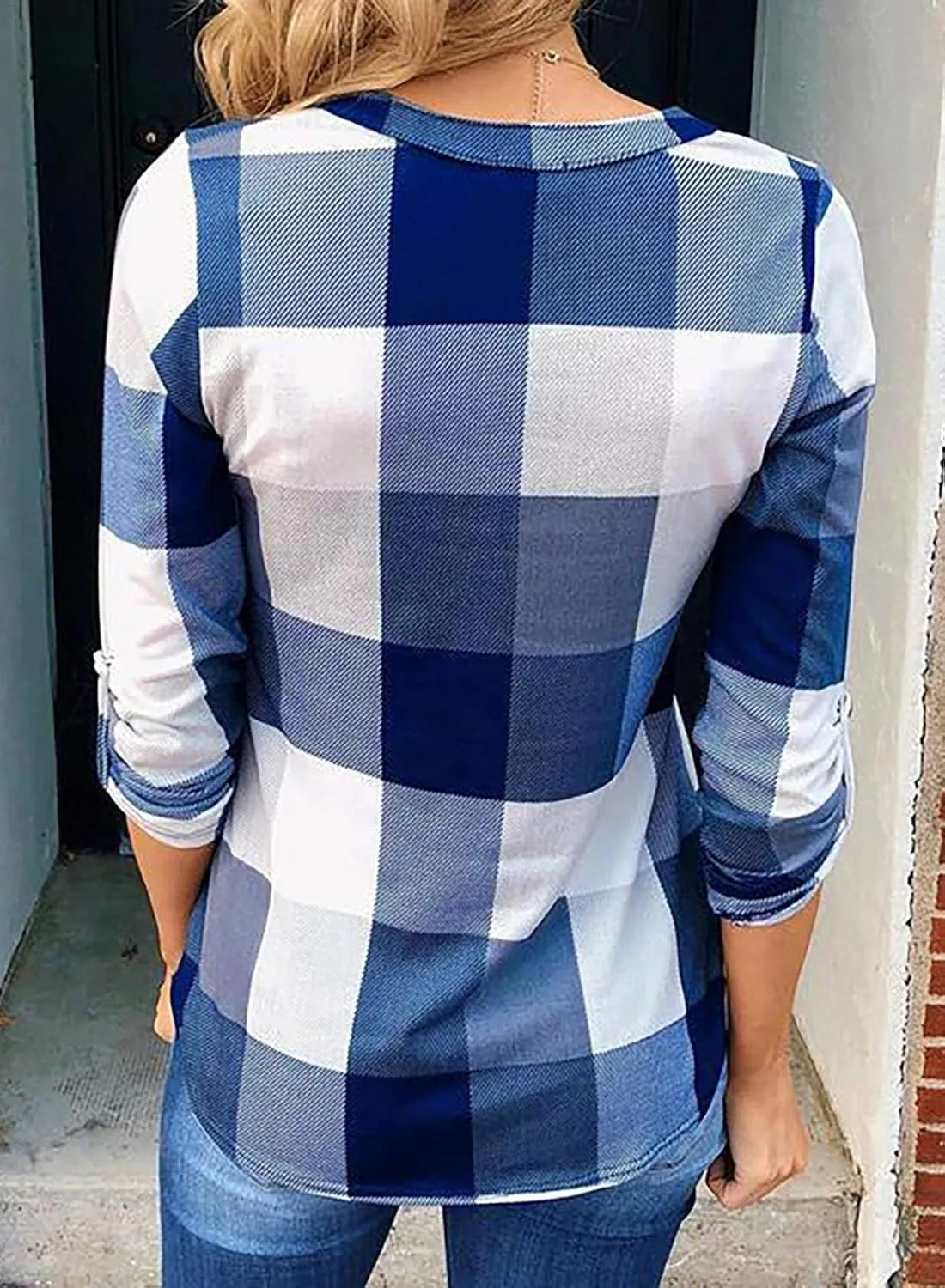 Dokotoo Womens Basic Casual V Neck Plaid Print Cuffed Long Sleeve Work Tops Blouses Shirts S-3XL