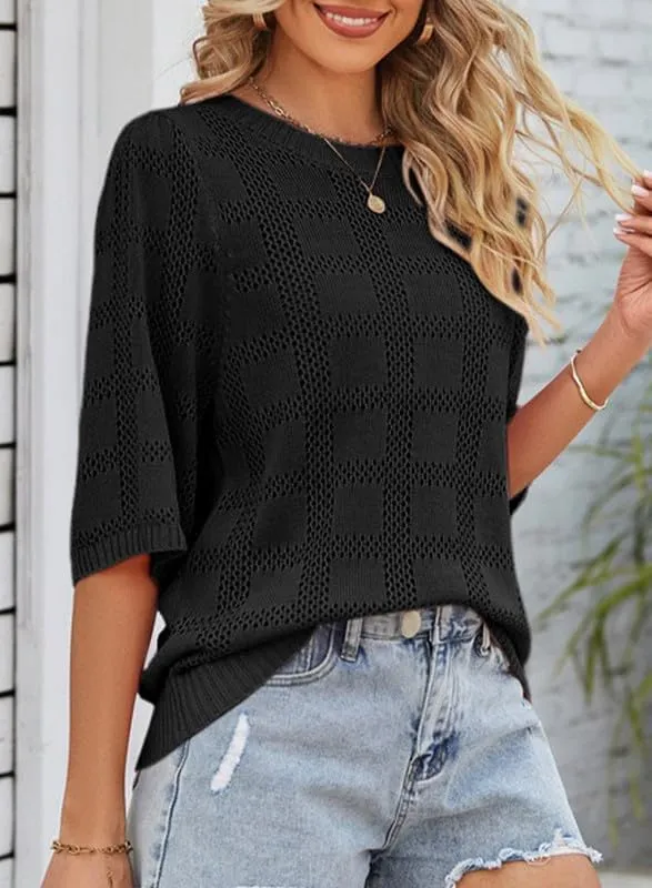 Dokotoo Women's Casual Short Sleeve Loose Tunic Tops Lightweight Crochet Knit Summer Sweaters Blouses