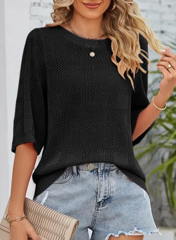 Dokotoo Women's Casual Short Sleeve Loose Tunic Tops Lightweight Crochet Knit Summer Sweaters Blouses