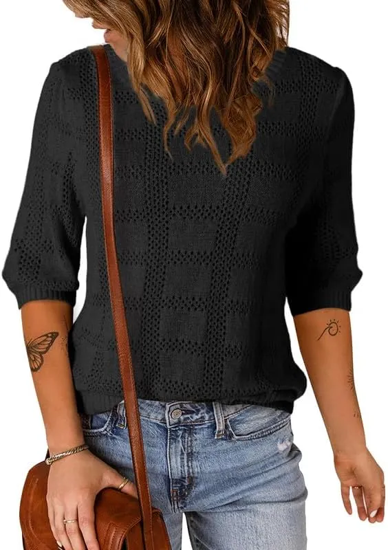 Dokotoo Women's Casual Short Sleeve Loose Tunic Tops Lightweight Crochet Knit Summer Sweaters Blouses