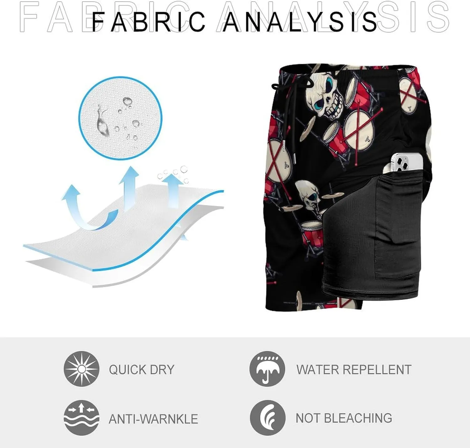 Drummer Skull Drum Sticks Men's Swim Trunks Quick Dry Board Shorts Swimwear Beach Shorts with Compression Liner