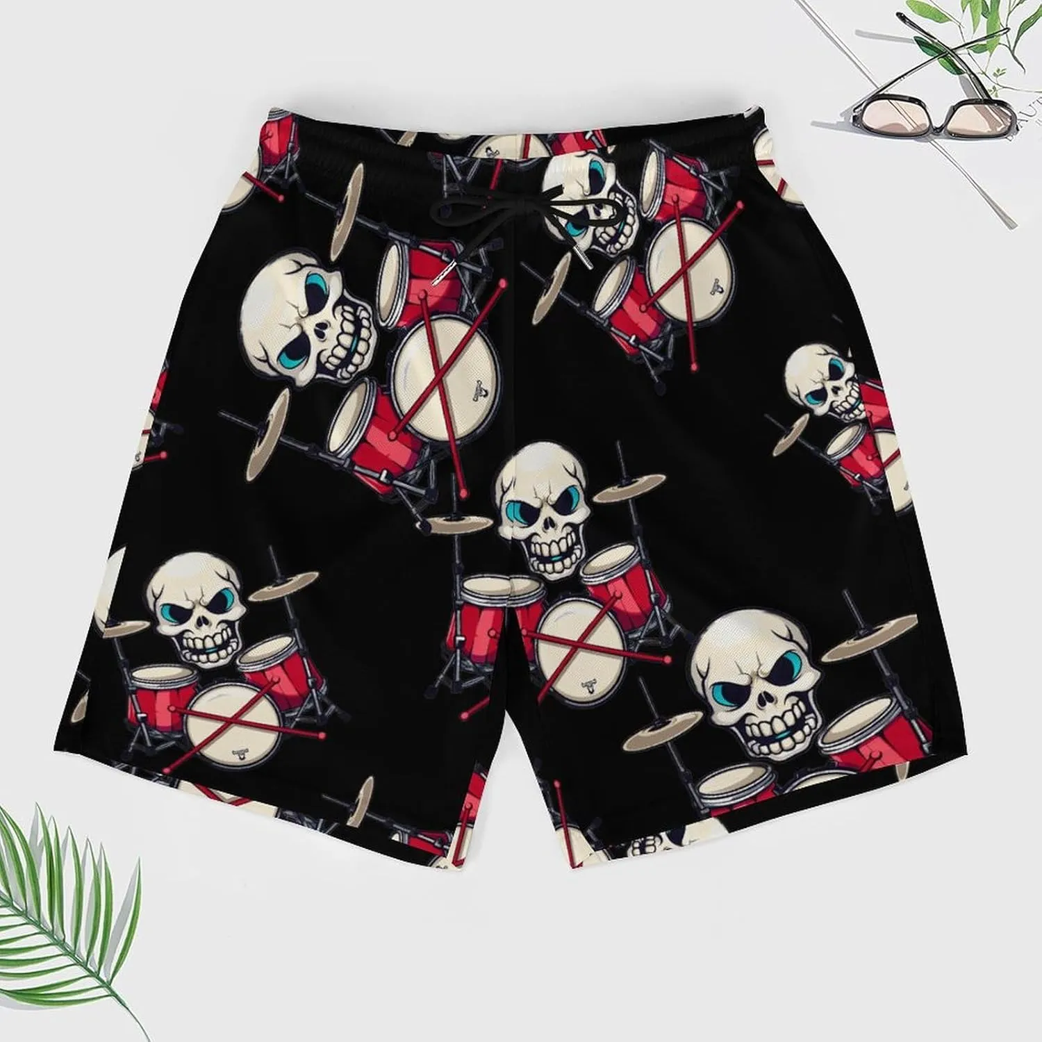 Drummer Skull Drum Sticks Men's Swim Trunks Quick Dry Board Shorts Swimwear Beach Shorts with Compression Liner
